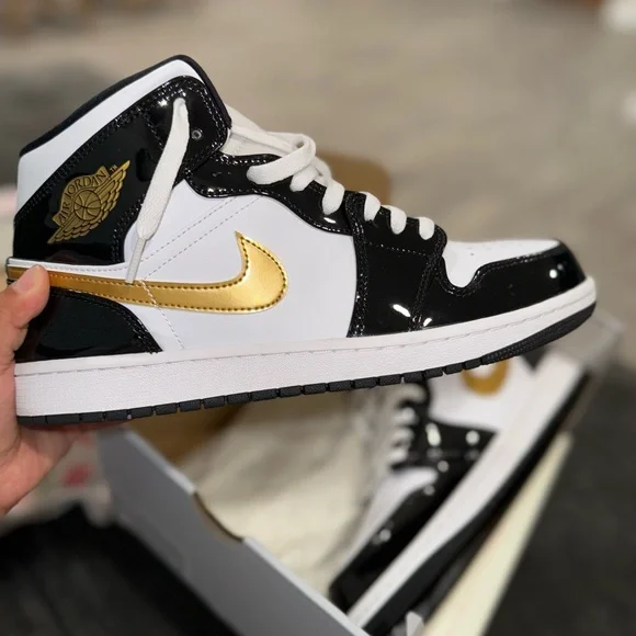 Jordan Black and Gold Sneakers with Sleek Design Nike Air Jordan 1 Mid Shoes Black Metallic Gold White DQ8426  main image 4